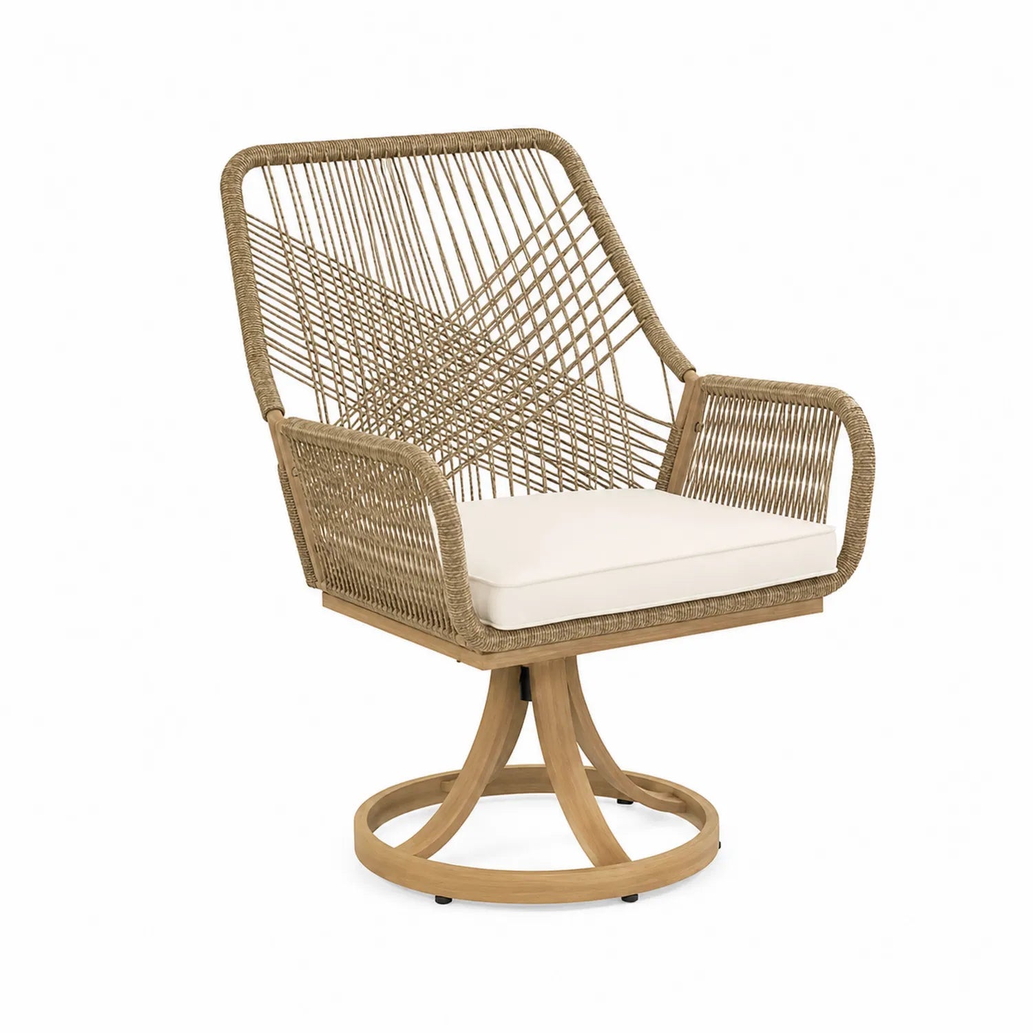 Sedia girevole da esterno in rattan con cuscino in tessuto