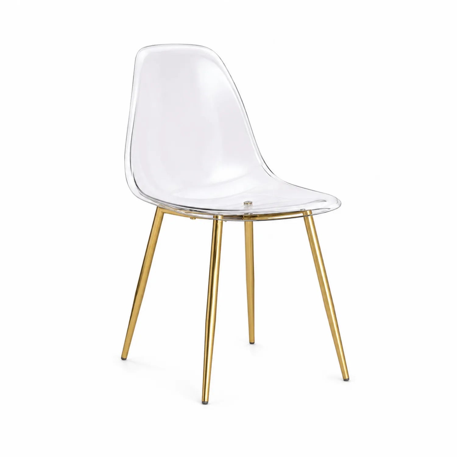 Sedia in plastica trasparente con gambe in metallo dorato