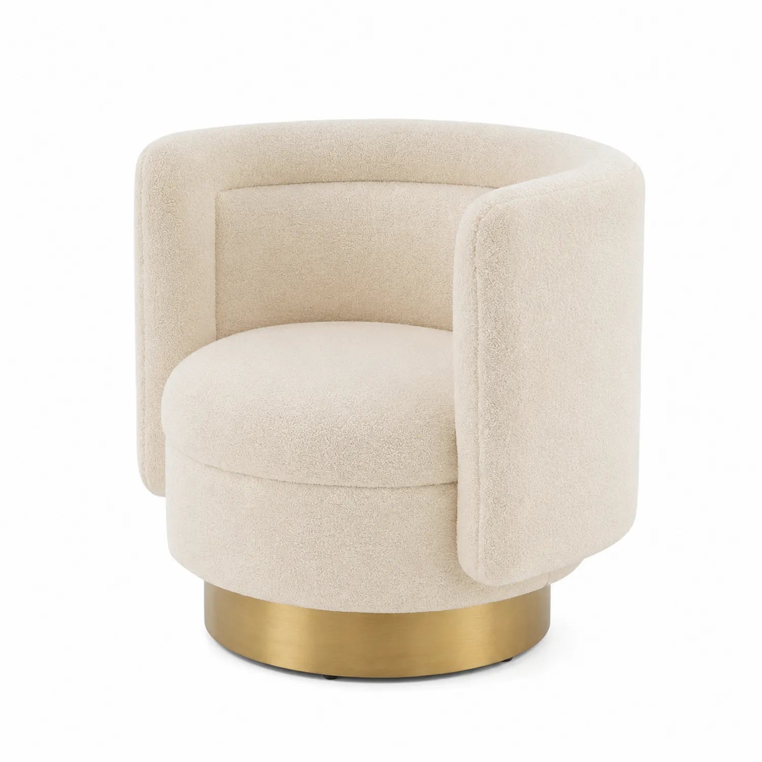 Poltrona girevole in tessuto bouclé beige con base in metallo dorato
