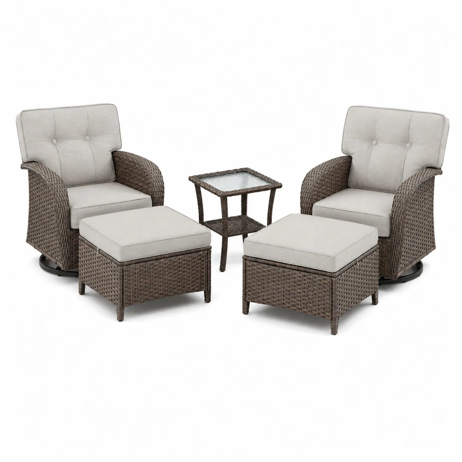 Set da Giardino in Rattan con Poltrone, Pouf e Tavolino in Vetro Temperato