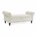 Panca contenitore in tessuto crema con gambe in legno nero
