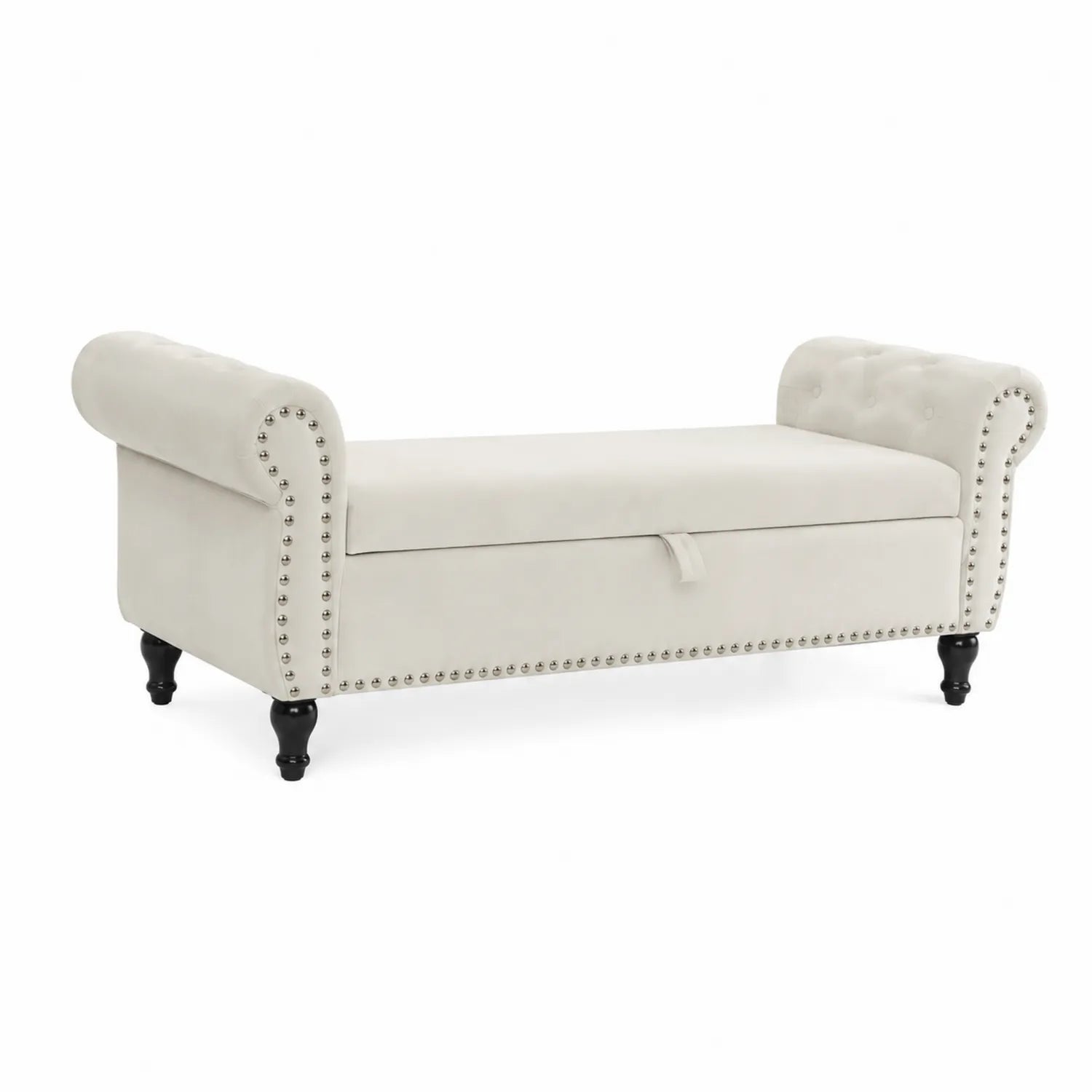 Panca contenitore in tessuto crema con gambe in legno nero