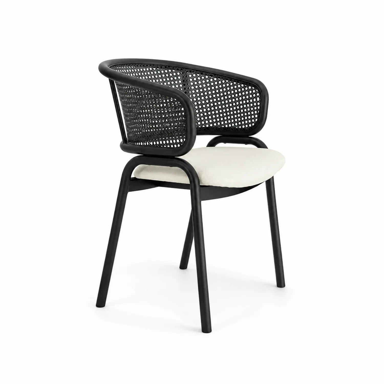 Sedia da pranzo in metallo nero e rattan con seduta imbottita bianca