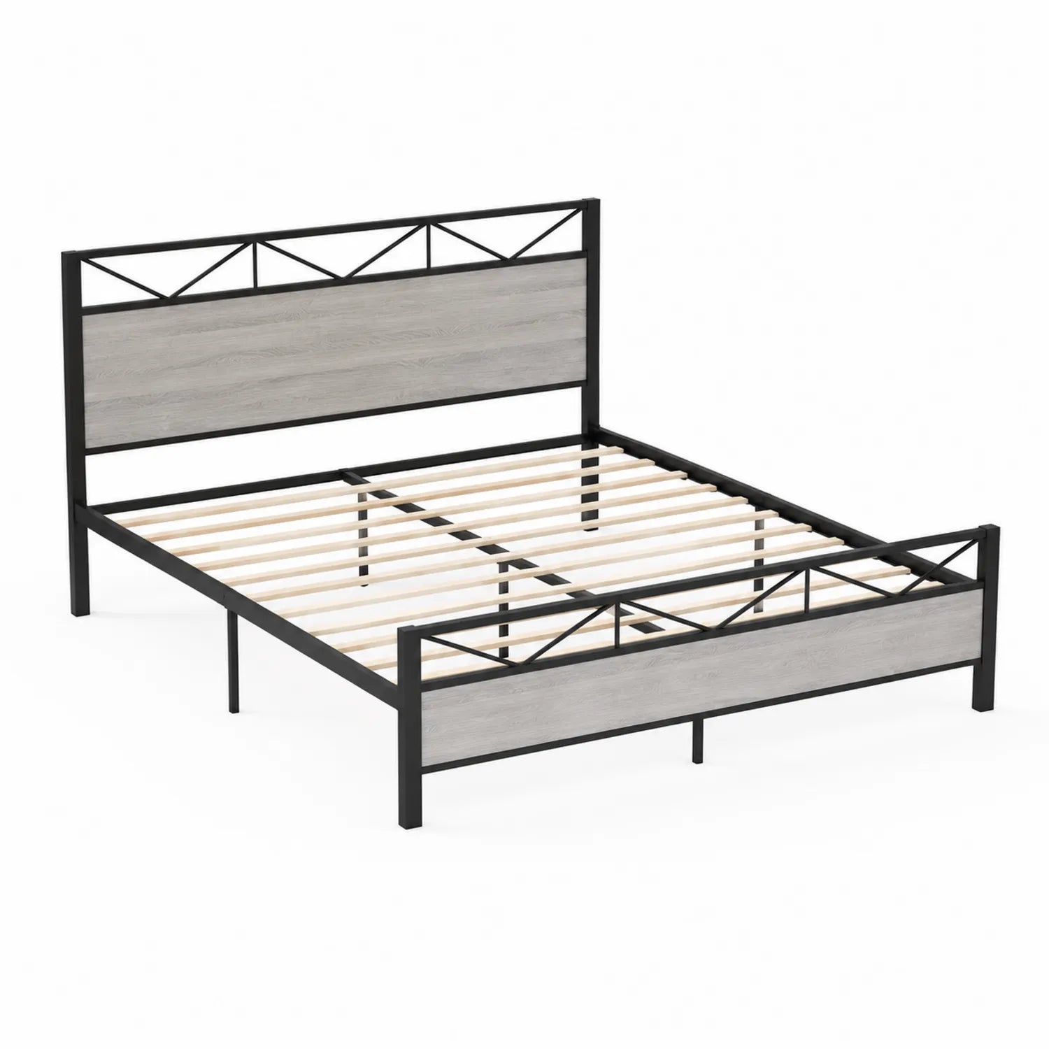 Letto Matrimoniale in Metallo e Legno di Pino, Nero e Grigio, 200x160 cm