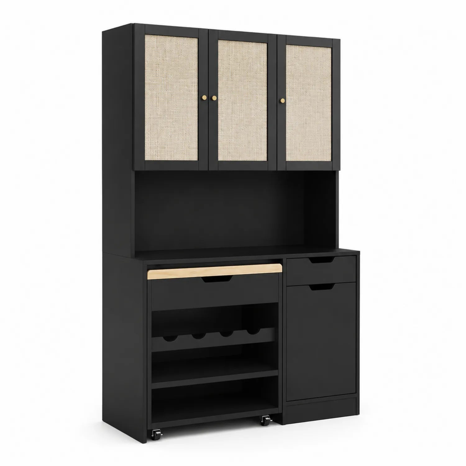 Credenza da Cucina in Legno con Ante in Tessuto, Porta Bottiglie, Nero