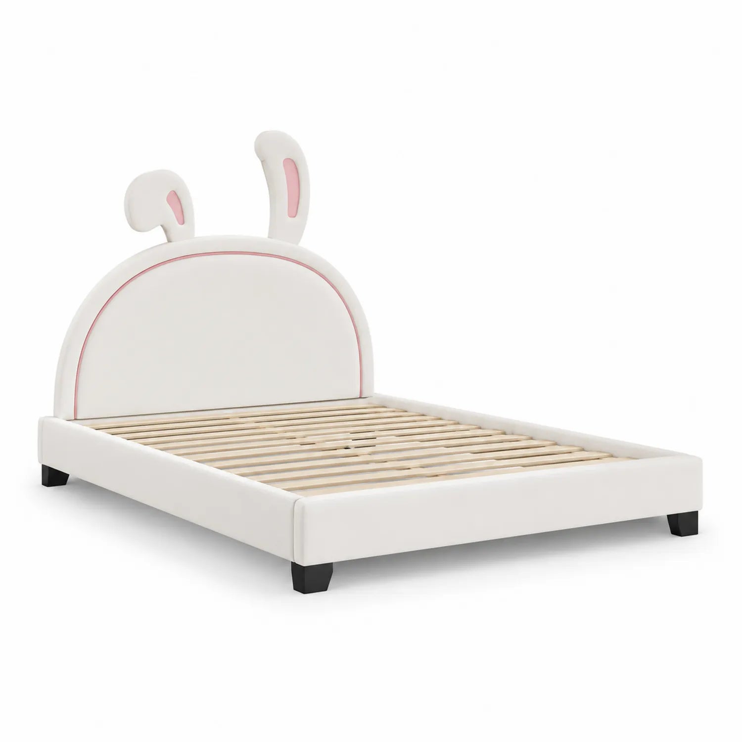Letto per bambini con testiera a forma di orecchie di coniglio in tessuto bianco