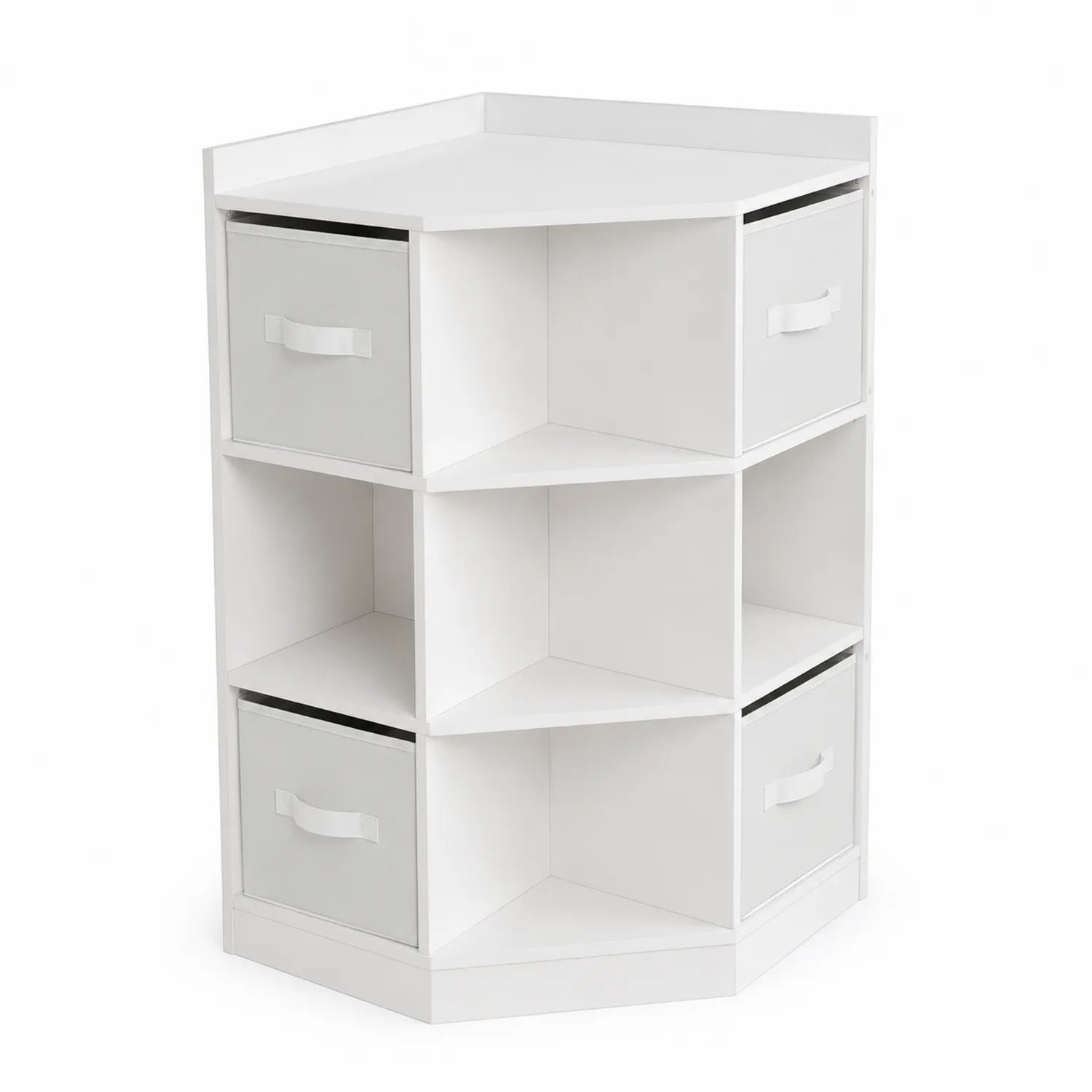Scaffale angolare bianco con cassetti in tessuto