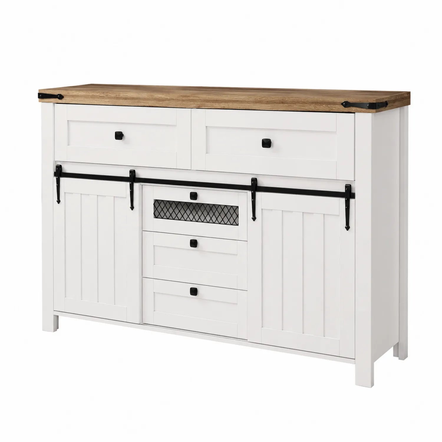 Credenza in legno MDF bianco con top in quercia e ante scorrevoli