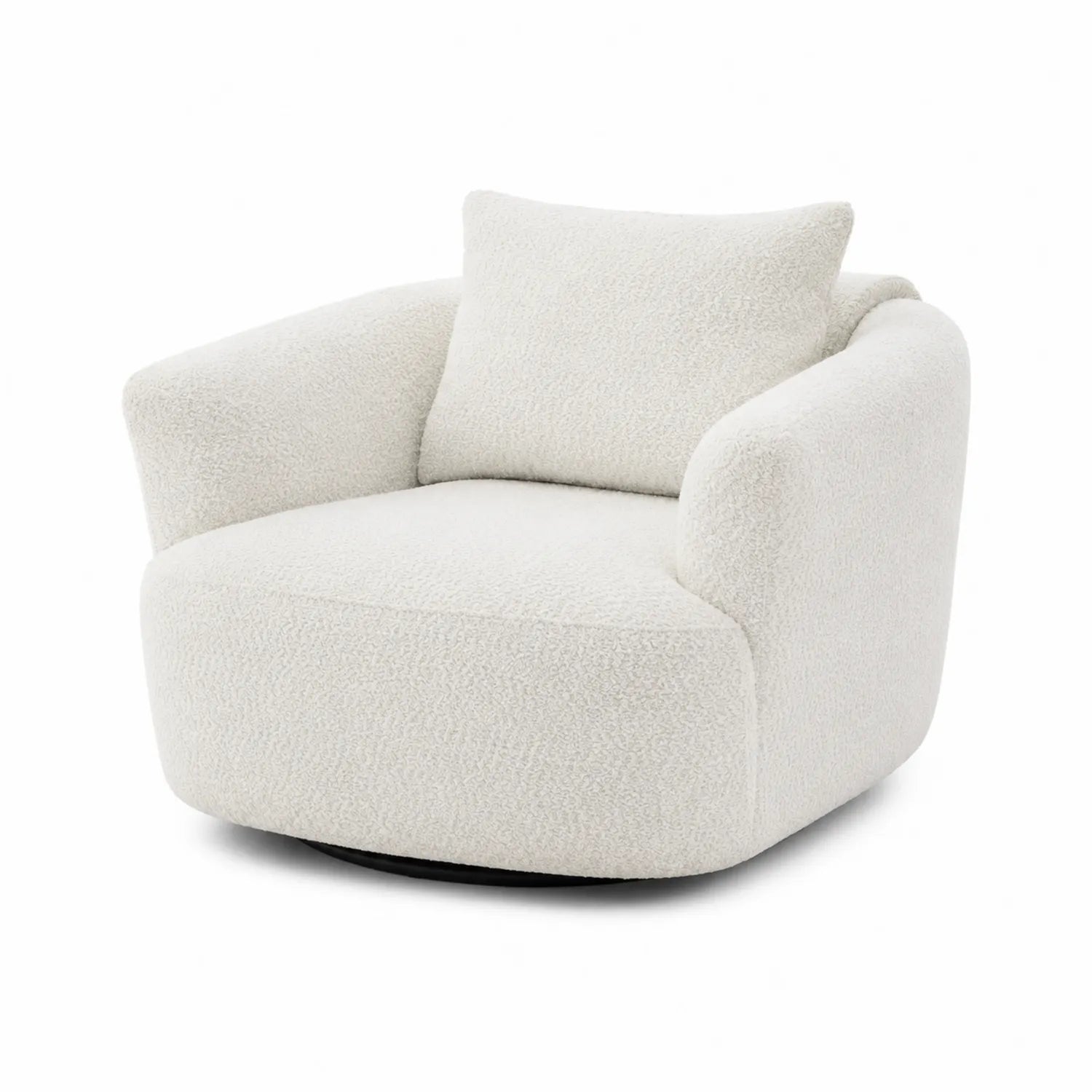 Poltrona girevole in tessuto bouclé bianco con struttura in legno