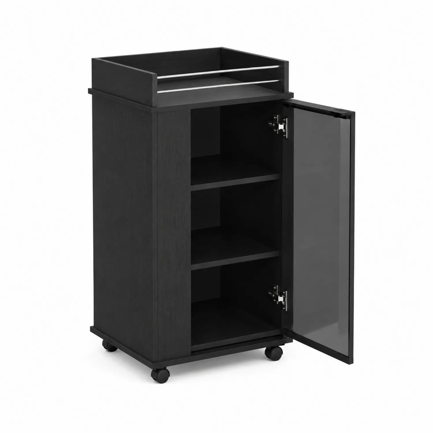Credenza in Legno Nero con Porta in Vetro Temperato e Ruote 60x40x90 cm