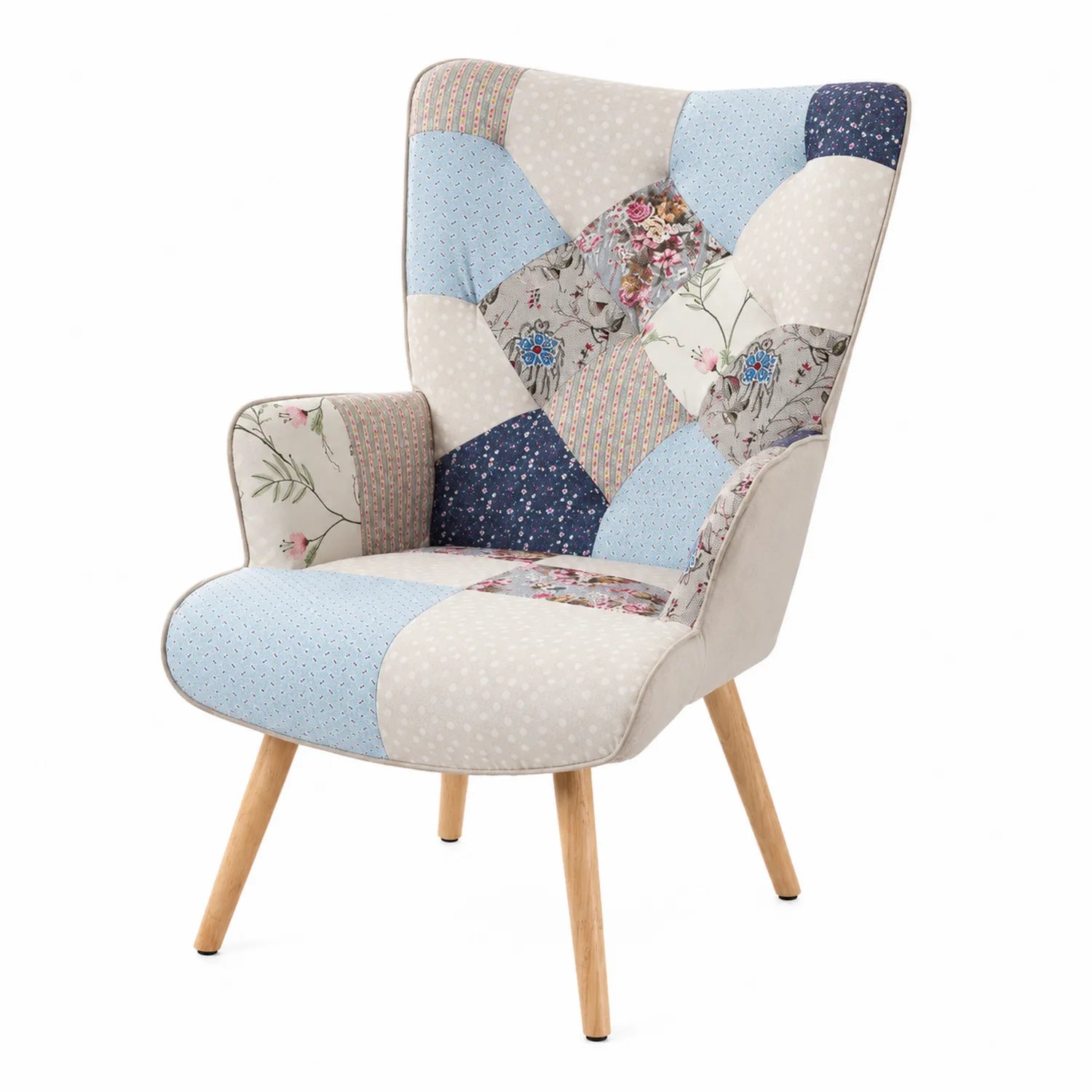 Poltrona patchwork in tessuto con gambe in legno di faggio