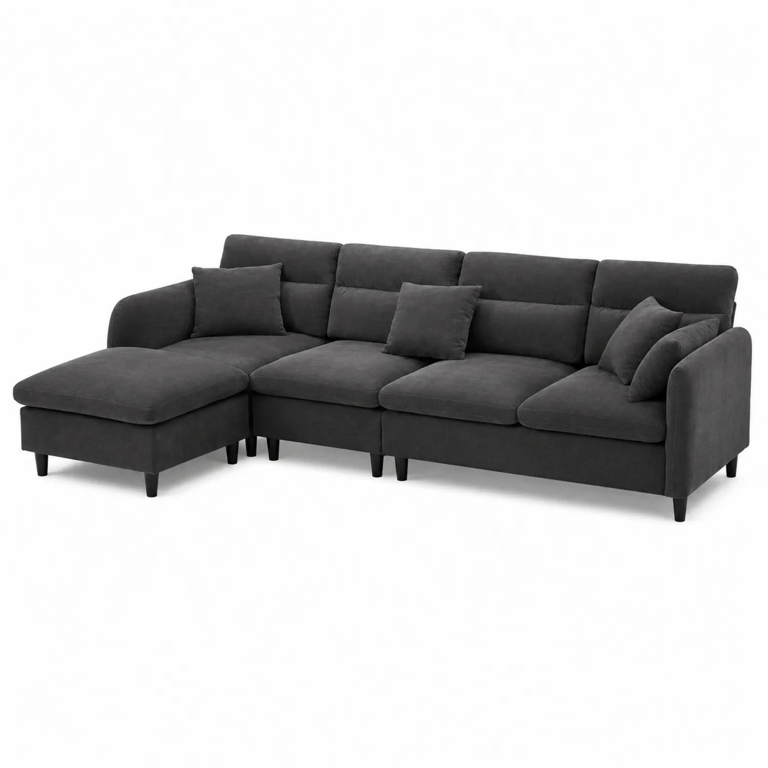 Divano angolare in tessuto grigio antracite con chaise longue e cuscini